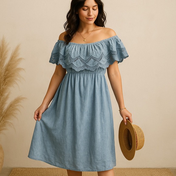 Knox Rose Womens XXL Blue Off Shoulder Embroidered Midi Dress Lined Boho Peasant - Picture 1 of 11